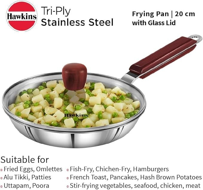 Hawkins Tri-Ply Stainless Steel Frying Pan with Glass Lid, 22 cm Diameter